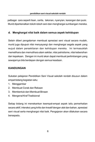 pendidikan seni visual sekolah rendah


pelbagai cara seperti lisan, cerita, lakonan, nyanyian, karangan dan puisi.
Murid diperkenalkan tokoh-tokoh seni dan menghargai sumbangan mereka.


d. Menghargai nilai baik dalam semua aspek kehidupan


Selain diberi pengalaman membuat apresiasi seni visual secara mudah,
murid juga dipupuk nilai menyayangi dan menghargai segala aspek yang
wujud dalam persekitaran dan kehidupan mereka. Ini termasuklah
memelihara dan memulihara alam sekitar, nilai patriotisme, nilai kebersihan
dan kepekaan. Dengan ini murid akan dapat membuat pertimbangan yang
sewajarnya bila berdepan dengan semua keadaan.


KANDUNGAN


Sukatan pelajaran Pendidikan Seni Visual sekolah rendah disusun dalam
empat bidang kegiatan iaitu:
1. Menggambar
2. Membuat Corak dan Rekaan
3. Membentuk dan Membuat Binaan
4. Mengenal Kraf Tradisional


Setiap bidang ini menekankan keempat-empat aspek iaitu pemerhatian
secara aktif, interaksi yang kritis dan kreatif dengan alat dan bahan, apresiasi
seni visual serta menghargai nilai baik. Pengajaran akan dilakukan secara
bersepadu.




                                       6
 
