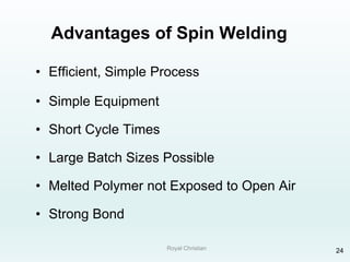 Royal Christian 24
Advantages of Spin Welding
• Efficient, Simple Process
• Simple Equipment
• Short Cycle Times
• Large Batch Sizes Possible
• Melted Polymer not Exposed to Open Air
• Strong Bond
 