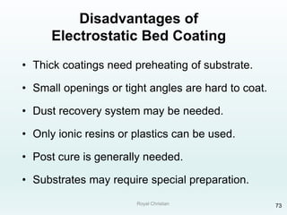 Royal Christian 73
Disadvantages of
Electrostatic Bed Coating
• Thick coatings need preheating of substrate.
• Small openings or tight angles are hard to coat.
• Dust recovery system may be needed.
• Only ionic resins or plastics can be used.
• Post cure is generally needed.
• Substrates may require special preparation.
 