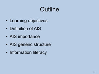 1-3
Outline
• Learning objectives
• Definition of AIS
• AIS importance
• AIS generic structure
• Information literacy
 