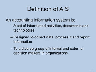1-5
Definition of AIS
An accounting information system is:
– A set of interrelated activities, documents and
technologies
– Designed to collect data, process it and report
information
– To a diverse group of internal and external
decision makers in organizations
 