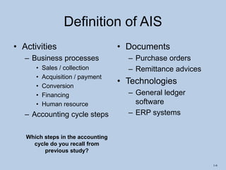1-6
Definition of AIS
• Activities
– Business processes
• Sales / collection
• Acquisition / payment
• Conversion
• Financing
• Human resource
– Accounting cycle steps
• Documents
– Purchase orders
– Remittance advices
• Technologies
– General ledger
software
– ERP systems
Which steps in the accounting
cycle do you recall from
previous study?
 