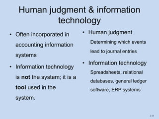 2-13
Human judgment & information
technology
• Often incorporated in
accounting information
systems
• Information technology
is not the system; it is a
tool used in the
system.
• Human judgment
Determining which events
lead to journal entries
• Information technology
Spreadsheets, relational
databases, general ledger
software, ERP systems
 
