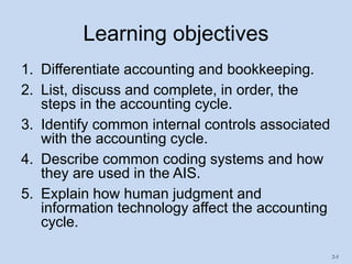 2-3
Learning objectives
1. Differentiate accounting and bookkeeping.
2. List, discuss and complete, in order, the
steps in the accounting cycle.
3. Identify common internal controls associated
with the accounting cycle.
4. Describe common coding systems and how
they are used in the AIS.
5. Explain how human judgment and
information technology affect the accounting
cycle.
 