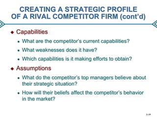 CREATING A STRATEGIC PROFILE
OF A RIVAL COMPETITOR FIRM (cont’d)


Capabilities
●
●

What weaknesses does it have?

●


What are the competitor’s current capabilities?

Which capabilities is it making efforts to obtain?

Assumptions
●

What do the competitor’s top managers believe about
their strategic situation?

●

How will their beliefs affect the competitor’s behavior
in the market?
3–19

 