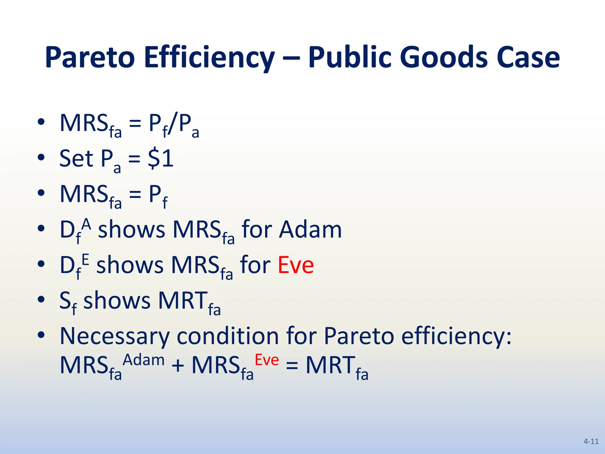 Pareto Efficiency – Public Goods Case
• MRSfa = Pf/Pa
• Set Pa = $1
• MRSfa = Pf
• Df
A shows MRSfa for Adam
• Df
E shows MRSfa for Eve
• Sf shows MRTfa
• Necessary condition for Pareto efficiency:
MRSfa
Adam + MRSfa
Eve = MRTfa
4-11
 