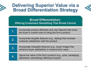 Delivering Superior Value via a
Broad Differentiation Strategy
Broad Differentiation:
Offering Customers Something That Rivals Cannot

1.

Incorporate product attributes and user features that lower
the buyer’s overall costs of using the firm’s product.

2.

Incorporate tangible features (e.g., styling) that increase
customer satisfaction with the product.

3.

Incorporate intangible features (e.g., buyer image) that
enhance buyer satisfaction in noneconomic ways.

4.

Signal the value of the firm’s product (e.g., price, packaging,
placement, advertising) offering to buyers.

5–11

 