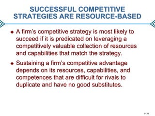 SUCCESSFUL COMPETITIVE
STRATEGIES ARE RESOURCE-BASED


A firm’s competitive strategy is most likely to
succeed if it is predicated on leveraging a
competitively valuable collection of resources
and capabilities that match the strategy.



Sustaining a firm’s competitive advantage
depends on its resources, capabilities, and
competences that are difficult for rivals to
duplicate and have no good substitutes.

5–20

 