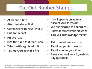 5-5
• At an early date
• Attached please find
• Complying with your favor of
• Due to the fact
• Hit the road
• Bite the hand that feeds you
• Take it with a grain of salt
• Too many irons in the fire
• I am happy to be able to
answer your message
• We are pleased to announce…
• I have received your message
• This will acknowledge receipt
of
• This is to inform you that
• Thanking you in advance
• Thank you for your time
• Please let me know if you have
any questions
Cut Out Rubber Stamps
© 2014 by McGraw-Hill Education. This is proprietary material solely for authorized instructor use. Not authorized for sale or distribution in any manner.
This document may not be copied, scanned, duplicated, forwarded, distributed, or posted on a website, in whole or part.
 