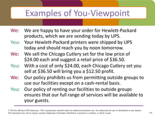 5-8
© 2014 by McGraw-Hill Education. This is proprietary material solely for authorized instructor use. Not authorized for sale or distribution in any manner.
This document may not be copied, scanned, duplicated, forwarded, distributed, or posted on a website, in whole or part.
We: We are happy to have your order for Hewlett-Packard
products, which we are sending today by UPS.
You: Your Hewlett-Packard printers were shipped by UPS
today and should reach you by noon tomorrow.
We: We sell the Chicago Cutlery set for the low price of
$24.00 each and suggest a retail price of $36.50.
You: With a cost of only $24.00, each Chicago Cutlery set you
sell at $36.50 will bring you a $12.50 profit.
We: Our policy prohibits us from permitting outside groups to
use our facilities except on a cash-rental basis.
You: Our policy of renting our facilities to outside groups
ensures that our full range of services will be available to
your guests.
Examples of You-Viewpoint
 