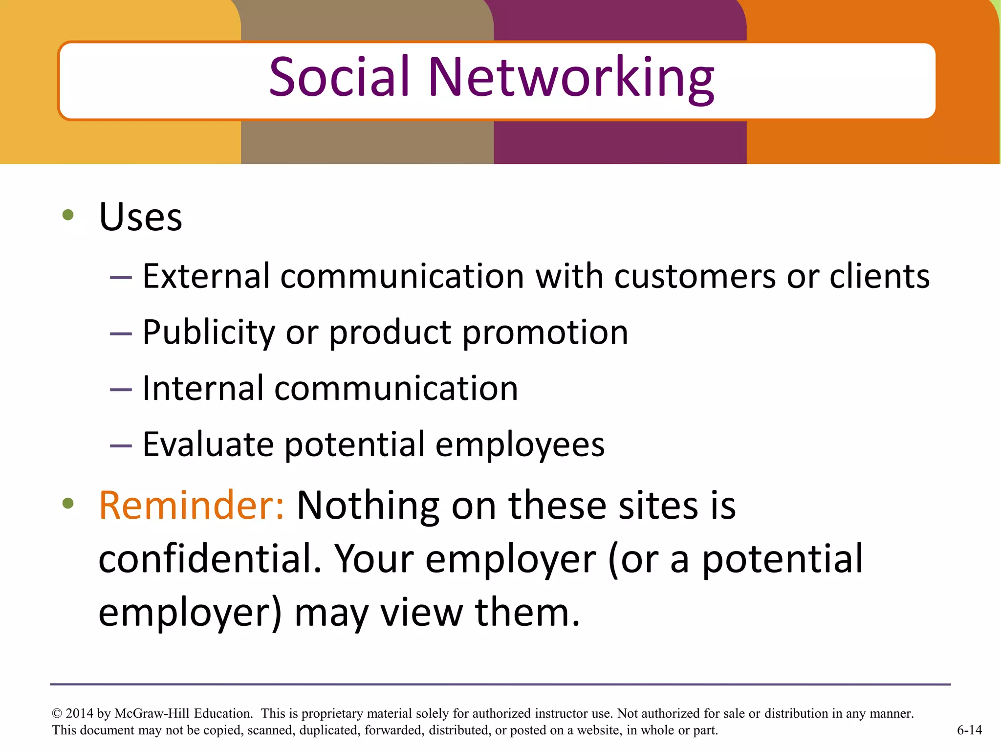 6-14
© 2014 by McGraw-Hill Education. This is proprietary material solely for authorized instructor use. Not authorized for sale or distribution in any manner.
This document may not be copied, scanned, duplicated, forwarded, distributed, or posted on a website, in whole or part.
• Uses
– External communication with customers or clients
– Publicity or product promotion
– Internal communication
– Evaluate potential employees
• Reminder: Nothing on these sites is
confidential. Your employer (or a potential
employer) may view them.
Click to edit Master title style
Social Networking
 