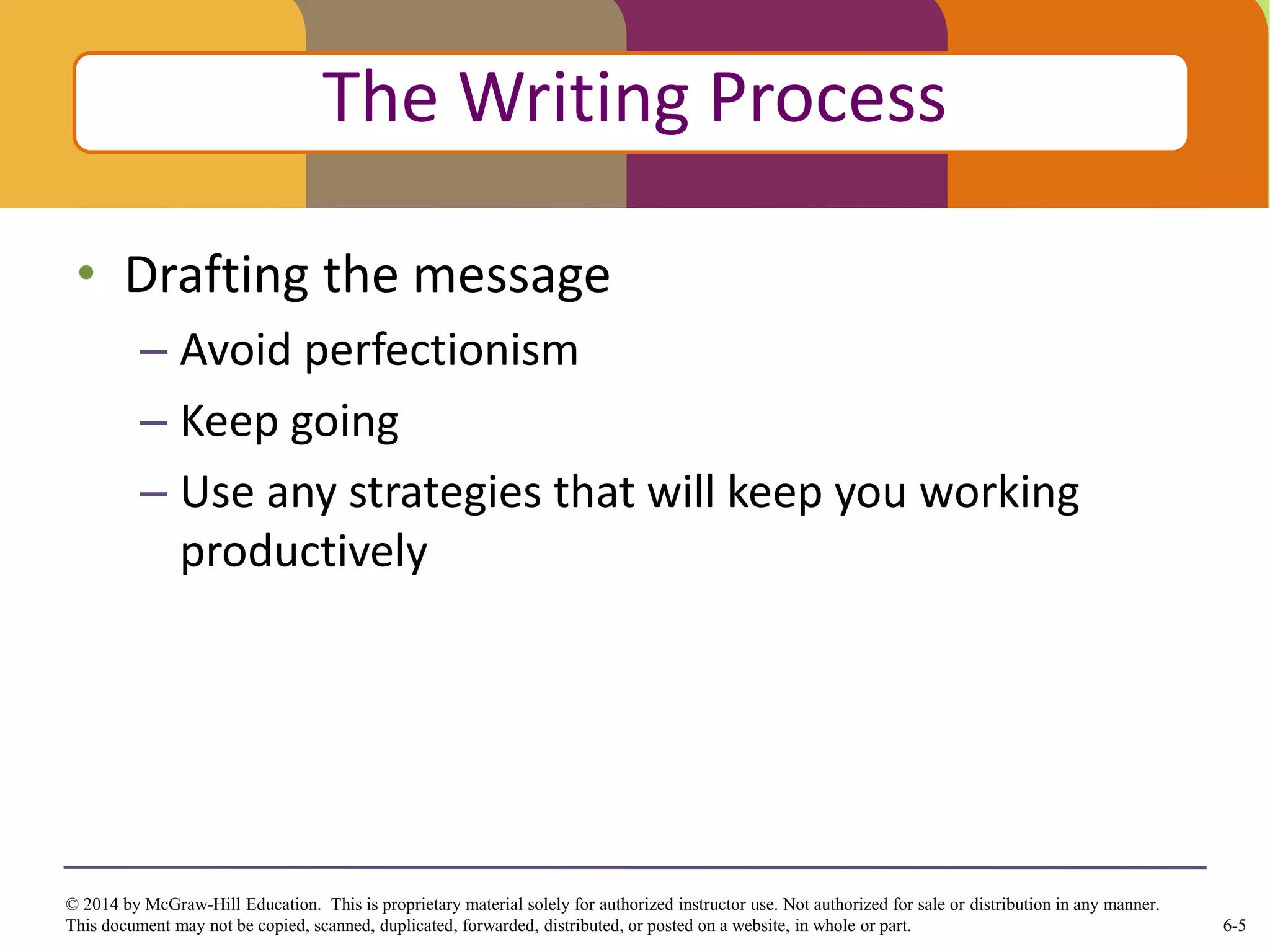 6-5
© 2014 by McGraw-Hill Education. This is proprietary material solely for authorized instructor use. Not authorized for sale or distribution in any manner.
This document may not be copied, scanned, duplicated, forwarded, distributed, or posted on a website, in whole or part.
• Drafting the message
– Avoid perfectionism
– Keep going
– Use any strategies that will keep you working
productively
Click to edit Master title style
The Writing Process
 
