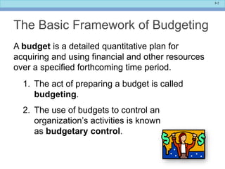 8-2
The Basic Framework of Budgeting
A budget is a detailed quantitative plan for
acquiring and using financial and other ...