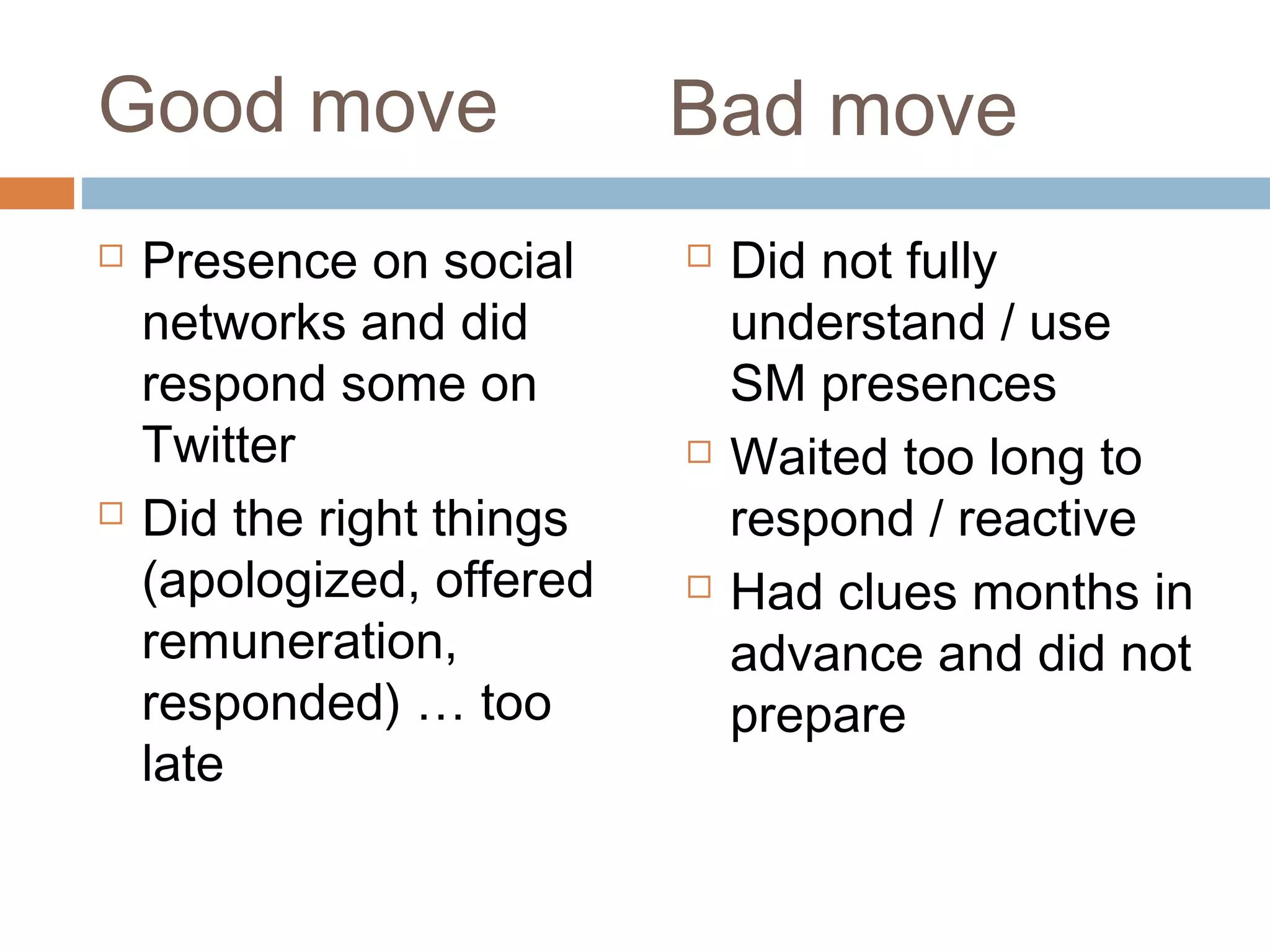 Good move
 Presence on social
networks and did
respond some on
Twitter
 Did the right things
(apologized, offered
remuneration,
responded) … too
late
 Did not fully
understand / use
SM presences
 Waited too long to
respond / reactive
 Had clues months in
advance and did not
prepare
Bad move
 