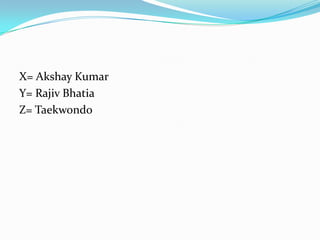 X= Akshay Kumar
Y= Rajiv Bhatia
Z= Taekwondo
 
