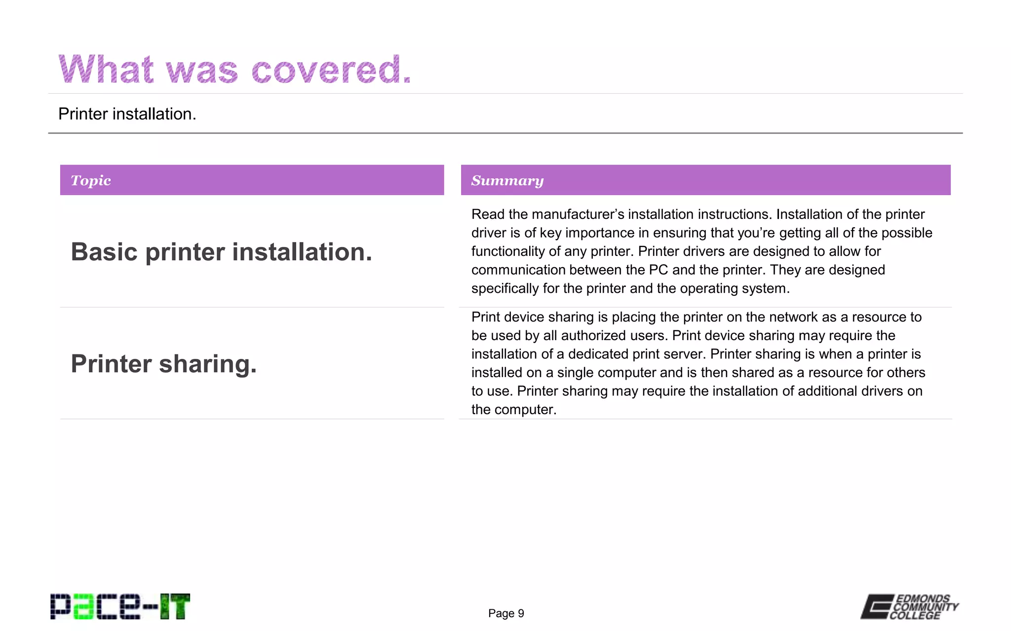 Page 9
Printer installation.
Read the manufacturer’s installation instructions. Installation of the printer
driver is of key importance in ensuring that you’re getting all of the possible
functionality of any printer. Printer drivers are designed to allow for
communication between the PC and the printer. They are designed
specifically for the printer and the operating system.
Topic
Basic printer installation.
Summary
Print device sharing is placing the printer on the network as a resource to
be used by all authorized users. Print device sharing may require the
installation of a dedicated print server. Printer sharing is when a printer is
installed on a single computer and is then shared as a resource for others
to use. Printer sharing may require the installation of additional drivers on
the computer.
Printer sharing.
 
