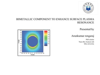 BIMETALLIC COMPONENT TO ENHANCE SURFACE PLASMA
RESONANCE
Presented by
Arunkumar rengaraj
PhD scholar
Nano-Bio Analysis lab
Inha university
 