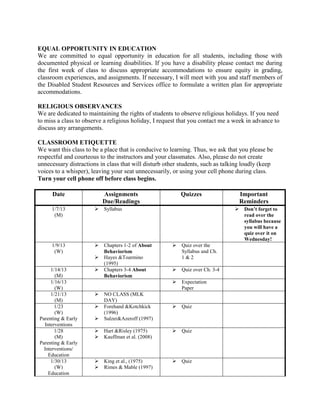 EQUAL OPPORTUNITY IN EDUCATION
We are committed to equal opportunity in education for all students, including those with
documented physical or learning disabilities. If you have a disability please contact me during
the first week of class to discuss appropriate accommodations to ensure equity in grading,
classroom experiences, and assignments. If necessary, I will meet with you and staff members of
the Disabled Student Resources and Services office to formulate a written plan for appropriate
accommodations.

RELIGIOUS OBSERVANCES
We are dedicated to maintaining the rights of students to observe religious holidays. If you need
to miss a class to observe a religious holiday, I request that you contact me a week in advance to
discuss any arrangements.

CLASSROOM ETIQUETTE
We want this class to be a place that is conducive to learning. Thus, we ask that you please be
respectful and courteous to the instructors and your classmates. Also, please do not create
unnecessary distractions in class that will disturb other students, such as talking loudly (keep
voices to a whisper), leaving your seat unnecessarily, or using your cell phone during class.
Turn your cell phone off before class begins.

     Date                  Assignments                    Quizzes                   Important
                           Due/Readings                                             Reminders
     1/7/13               Syllabus                                                 Don’t forget to
      (M)                                                                            read over the
                                                                                     syllabus because
                                                                                     you will have a
                                                                                     quiz over it on
                                                                                     Wednesday!
     1/9/13               Chapters 1-2 of About         Quiz over the
      (W)                  Behaviorism                    Syllabus and Ch.
                          Hayes &Toarmino                1&2
                           (1995)
     1/14/13              Chapters 3-4 About            Quiz over Ch. 3-4
       (M)                 Behaviorism
     1/16/13                                             Expectation
       (W)                                                Paper
     1/21/13              NO CLASS (MLK
       (M)                 DAY)
       1/23               Forehand &Kotchkick           Quiz
       (W)                 (1996)
Parenting & Early         Sulzer&Azeroff (1997)
  Interventions
       1/28               Hart &Risley (1975)           Quiz
       (M)                Kauffman et al. (2008)
Parenting & Early
  Interventions/
    Education
     1/30/13              King et al., (1975)           Quiz
       (W)                Rimes & Mable (1997)
    Education
 