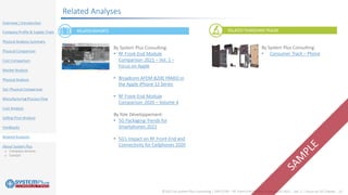 ©2021 by System Plus Consulting | SPR21530 – RF Front-End Module Comparison 2021 – Vol. 2 – Focus on 5G Chipset 22
Overview / Introduction
Company Profile & Supply Chain
Physical Analysis Summary
Physical Comparison
Cost Comparison
Market Analysis
Physical Analysis
SoC Physical Comparison
ManufacturingProcess Flow
Cost Analysis
Selling Price Analysis
Feedbacks
Related Analyses
About System Plus
o Company services
o Contact
Related Analyses
RELATEDTEARDOWNTRACKS
RELATEDREPORTS
By System Plus Consulting:
• RF Front-End Module
Comparison 2021 – Vol. 1 –
Focus on Apple
• Broadcom AFEM-8200 PAMiD in
the Apple iPhone 12 Series
• RF Front-End Module
Comparison 2020 – Volume 4
By Yole Développement:
• 5G Packaging Trends for
Smartphones 2021
• 5G’s Impact on RF Front-End and
Connectivity for Cellphones 2020
By System Plus Consulting:
• Consumer Track – Phone
 