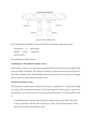 Fig 4.3 In-line Robot Cell
In the in-line robot cell design, anyone of the following transfer system can be used:
Synchronous or intermittent
transfer system Continuous
transfer system
Non synchronous transfer system
Synchronous or Intermittent transfer system:
In this transfer system, every work part is transported at the same time from one workplace and
stored in another workstation. The robots are placed in a fixed position near the moving line in
which the work parts travel. With the help of start and stop motion, the work parts are stopped
next to a robot for performing the operations on it.
Continuous transfer system:
The continuous transfer system transfers the work parts continuously at a constant time along
a conveyor. The continuous movement of work parts makes the robots tough to operate in a
fixed position. As a result, there are two tracking system that helps to solve this problem such
as:
A moving baseline tracking system: During an operation, this system allows the robot
to move equivalent with the path of work parts. Hence, the traveling position of the
robot and work parts will remain the same.
 
