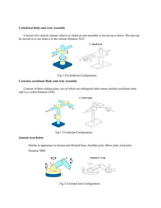 Cylindrical Body-and-Arm Assembly
Consists of a vertical column, relative to which an arm assembly is moved up or down. The arm can
be moved in or out relative to the column Notation TLO:
Fig 1.4 Cylindrical Configuration
Cartesian coordinate Body-and-Arm Assembly
Consists of three sliding joints, two of which are orthogonal other names include rectilinear robot
and x-y-z robot Notation LOO:
Fig 1.5 Cartesian Configuration
Jointed-Arm Robot
Similar in appearance to human arm Rotated base, shoulder joint, elbow joint, wrist joint.
Notation TRR:
Fig 1.6 Jointed Arm Configuration
 
