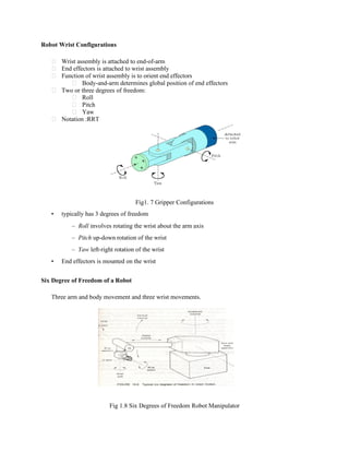 Robot Wrist Configurations
Wrist assembly is attached to end-of-arm
End effectors is attached to wrist assembly
Function of wrist assembly is to orient end effectors
Body-and-arm determines global position of end effectors
Two or three degrees of freedom:
Roll
Pitch
Yaw
Notation :RRT
Fig1. 7 Gripper Configurations
• typically has 3 degrees of freedom
– Roll involves rotating the wrist about the arm axis
– Pitch up-down rotation of the wrist
– Yaw left-right rotation of the wrist
• End effectors is mounted on the wrist
Six Degree of Freedom of a Robot
Three arm and body movement and three wrist movements.
Fig 1.8 Six Degrees of Freedom Robot Manipulator
 