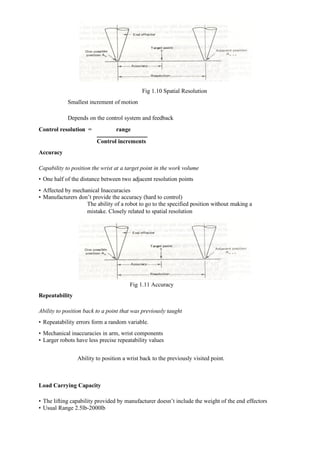 Fig 1.10 Spatial Resolution
Smallest increment of motion
Depends on the control system and feedback
Control resolution = range
Control increments
Accuracy
Capability to position the wrist at a target point in the work volume
• One half of the distance between two adjacent resolution points
• Affected by mechanical Inaccuracies
• Manufacturers don’t provide the accuracy (hard to control)
The ability of a robot to go to the specified position without making a
mistake. Closely related to spatial resolution
Fig 1.11 Accuracy
Repeatability
Ability to position back to a point that was previously taught
• Repeatability errors form a random variable.
• Mechanical inaccuracies in arm, wrist components
• Larger robots have less precise repeatability values
Ability to position a wrist back to the previously visited point.
Load Carrying Capacity
• The lifting capability provided by manufacturer doesn’t include the weight of the end effectors
• Usual Range 2.5lb-2000lb
 