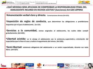 •Amonestación verbal clara y directa. Conversaciones directas (Art 623).
•Imposición de reglas de conducta, que determinen las obligaciones o prohibiciones
impuestas por el juez al adolescente. (Art 624):
•Servicios a la comunidad, tareas asignadas al adolescente, las cuales debe cumplir
gratuitamente. (Art 625).
•Libertad asistida: se le otorga al adolescente con la asistencia, supervisión y orientación del
especialista que le lleve el caso y realice el seguimiento del mismo. (Art 626).
•Semi-libertad: asistencia obligatoria del adolescente a un centro especializado, durante sus ratos
libres. (Art 627).
¿QUÉ MEDIDAS SERA APLICADA DE COMPROBAR LA RESPONSABILIDAD PENAL DEL
ADOLESCENTE INCURSO EN HECHOS ILÍCITOS? (Sanciones) Art 620 LOPNNA
 