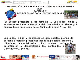 CONSTITUCIÓN DE LA REPÚBLICA BOLIVARIANA DE VENEZUELA
(1999)
CAPÍTULO V
DE LOS DERECHOS SOCIALES Y DE LAS FAMILIAS
“El Estado protegerá a las familias … Los niños, niñas y
adolescentes tienen derecho a vivir, ser criados o criadas y a
desarrollarse en el seno de su familia de origen.” . (Art 75)
Los niños, niñas y adolescentes son sujetos plenos de
derecho y estarán protegidos por la legislación, órganos y
tribunales especializados, los cuales respetarán,
garantizarán y desarrollarán los contenidos de esta
Constitución... (Art 78)
 
