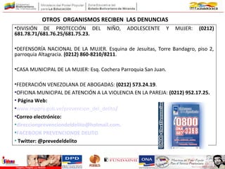 OTROS ORGANISMOS RECIBEN LAS DENUNCIAS
•DIVISIÓN DE PROTECCIÓN DEL NIÑO, ADOLESCENTE Y MUJER: (0212)
681.78.71/681.76.25/681.75.23.
•DEFENSORÍA NACIONAL DE LA MUJER. Esquina de Jesuítas, Torre Bandagro, piso 2,
parroquia Altagracia. (0212) 860-8210/8211.
•CASA MUNICIPAL DE LA MUJER: Esq. Cochera Parroquia San Juan.
•FEDERACIÓN VENEZOLANA DE ABOGADAS: (0212) 573.24.19.
•OFICINA MUNICIPAL DE ATENCIÓN A LA VIOLENCIA EN LA PAREJA: (0212) 952.17.25.
• Página Web:
•www.mpprij.gob.ve/prevencion_del_delito/
•Correo electrónico:
•direccionprevenciondeldelito@hotmail.com.
•FACEBOOK PREVENCIONDE DELITO
• Twitter: @prevedeldelito
 