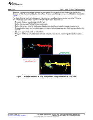 Original Unoptimized Design
Max. drop: 80.5 mV
Improved Design
Max. drop: 26.7 mV
www.ti.com Step 3: Static IR Drop PDN Optimization
Based on the design guidelines followed by post-layout IR drop analysis, significant improvements in
designs can be characterized by the above flow. An example of design improvement has been depicted in
Figure 17.
The Static IR drop flow/methodologies in this document have been demonstrated using the TI internal
flow. The basic steps can be repeated with other EDA tools. It consists of:
• Translate the post-layout design into the tool
• Define the sources (PMIC/VRM, connectors etc.)
• Define the current sinks for loads, spec it as lumped, distributed based on design requirements
• Ensure that the stack-up, layer thickness, and copper technology properties (thickness, conductivity) is
correct
• Set up of appropriate limits for simulation
• Analyses of IR drop simulation data to locate hotspots, neckdowns, electromigration (EM) violations,
etc.
Figure 17. Example Showing IR Drop Improvement Using Distributed IR Drop Flow
11SPRABJ7–June 2011 PCB Design Requirements for VDD_MPU_IVA Power Distribution Network for TI
OMAP3630, AM37xx and DM37xx MicroprocessorsSubmit Documentation Feedback
Copyright © 2011, Texas Instruments Incorporated
 