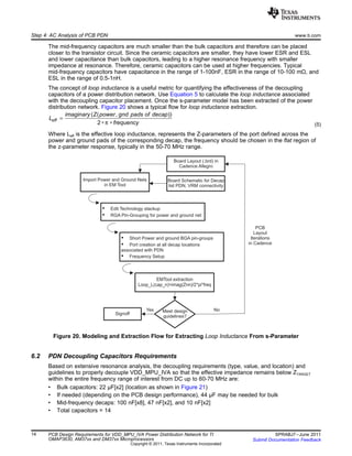 ( ( , ))
2
eff
imaginary Z power gnd pads of decap
L
frequencyπ
=
∗ ∗
Board Layout (.brd) in
Cadence Allegro
Import Power and Ground Nets
in EM Tool
?
?
Edit Technology stackup
RGA Pin-Grouping for power and ground net
Meet design
guidelines?
Signoff
Yes No
PCB
Layout
Iterations
in Cadence
?
?
?
Short Power and ground BGA pin-groups
Port creation at all decap locations
associated with PDN
Frequency Setup
EMTool extraction
Loop_L(cap_n)=imag(Znn)/2*pi*freq
Board Schematic for Decap
list PDN, VRM connectivity
Step 4: AC Analysis of PCB PDN www.ti.com
The mid-frequency capacitors are much smaller than the bulk capacitors and therefore can be placed
closer to the transistor circuit. Since the ceramic capacitors are smaller, they have lower ESR and ESL
and lower capacitance than bulk capacitors, leading to a higher resonance frequency with smaller
impedance at resonance. Therefore, ceramic capacitors can be used at higher frequencies. Typical
mid-frequency capacitors have capacitance in the range of 1-100nF, ESR in the range of 10-100 mΩ, and
ESL in the range of 0.5-1nH.
The concept of loop inductance is a useful metric for quantifying the effectiveness of the decoupling
capacitors of a power distribution network. Use Equation 5 to calculate the loop inductance associated
with the decoupling capacitor placement. Once the s-parameter model has been extracted of the power
distribution network. Figure 20 shows a typical flow for loop inductance extraction.
(5)
Where Leff is the effective loop inductance, represents the Z-parameters of the port defined across the
power and ground pads of the corresponding decap, the frequency should be chosen in the flat region of
the z-parameter response, typically in the 50-70 MHz range.
Figure 20. Modeling and Extraction Flow for Extracting Loop Inductance From s-Parameter
6.2 PDN Decoupling Capacitors Requirements
Based on extensive resonance analysis, the decoupling requirements (type, value, and location) and
guidelines to properly decouple VDD_MPU_IVA so that the effective impedance remains below ZTARGET
within the entire frequency range of interest from DC up to 60-70 MHz are:
• Bulk capacitors: 22 µF[x2] (location as shown in Figure 21)
• If needed (depending on the PCB design performance), 44 µF may be needed for bulk
• Mid-frequency decaps: 100 nF[x8], 47 nF[x2], and 10 nF[x2]
• Total capacitors = 14
14 PCB Design Requirements for VDD_MPU_IVA Power Distribution Network for TI SPRABJ7–June 2011
OMAP3630, AM37xx and DM37xx Microprocessors Submit Documentation Feedback
Copyright © 2011, Texas Instruments Incorporated
 