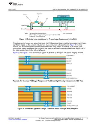 OMAP Package
OMAP DIE
Power/Ground
Ground/Power
Trace
Capacitor
Via
Note: Loop Inductance
1
2
3
1. BGA via pair loop inductance
2. Power/Ground by proper layer assignment in the PCB
3. Capacitor trace inductance
TOP/SIGNAL1
GROUND
POWER
SIGNAL2
SIGNAL3
POWER
GROUND
BOTTOM/SIGNAL4
TOP/SIGNAL1
POWER
GROUND
SIGNAL2
POWER
GROUND
BOTTOM/SIGNAL4
SIGNAL3
www.ti.com Step 1: Requirements and Guidelines for PCB Stack-up
Figure 1. Minimize Loop Inductance by Proper Layer Assignment in the PCB
The placement of power and ground planes in the PCB stack-up (determined by layer assignment) has a
significant impact on the parasitic inductances of power current path as shown in Figure 1. For this
reason, it is recommended to consider layer order in the early stages of the PCB PDN design cycle,
putting high priority supplies in the top half of the stack-up and low-priority supplies in the bottom half of
the stack-up as shown in the following figures.
Figure 2 and Figure 3 show examples of typical PCB stack-up designed with power integrity in mind.
Figure 2. An Example PCB Layer Assignment That Uses High-Density Interconnect (HDI) Vias
Figure 3. Another 8-Layer PCB Design That Uses Plated Through Hole (PTH) Vias
3SPRABJ7–June 2011 PCB Design Requirements for VDD_MPU_IVA Power Distribution Network for TI
OMAP3630, AM37xx and DM37xx MicroprocessorsSubmit Documentation Feedback
Copyright © 2011, Texas Instruments Incorporated
 