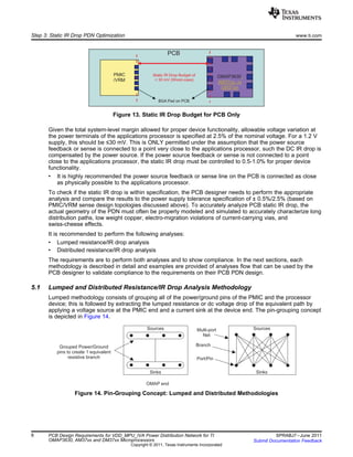 PMIC
/VRM
OMAP3630,
AM37xx, or
DM37xx
PCB
Static IR Drop Budget of
< 30 mV (Worst-case)
BGA Pad on PCB
Sources
Sinks
Sources
Sinks
Multi-port
Net
Branch
Port/Pin
OMAP end
Grouped Power/Ground
pins to create 1 equivalent
resistive branch
Step 3: Static IR Drop PDN Optimization www.ti.com
Figure 13. Static IR Drop Budget for PCB Only
Given the total system-level margin allowed for proper device functionality, allowable voltage variation at
the power terminals of the applications processor is specified at 2.5% of the nominal voltage. For a 1.2 V
supply, this should be ≤30 mV. This is ONLY permitted under the assumption that the power source
feedback or sense is connected to a point very close to the applications processor, such the DC IR drop is
compensated by the power source. If the power source feedback or sense is not connected to a point
close to the applications processor, the static IR drop must be controlled to 0.5-1.0% for proper device
functionality.
• It is highly recommended the power source feedback or sense line on the PCB is connected as close
as physically possible to the applications processor.
To check if the static IR drop is within specification, the PCB designer needs to perform the appropriate
analysis and compare the results to the power supply tolerance specification of ± 0.5%/2.5% (based on
PMIC/VRM sense design topologies discussed above). To accurately analyze PCB static IR drop, the
actual geometry of the PDN must often be properly modeled and simulated to accurately characterize long
distribution paths, low weight copper, electro-migration violations of current-carrying vias, and
swiss-cheese effects.
It is recommended to perform the following analyses:
• Lumped resistance/IR drop analysis
• Distributed resistance/IR drop analysis
The requirements are to perform both analyses and to show compliance. In the next sections, each
methodology is described in detail and examples are provided of analyses flow that can be used by the
PCB designer to validate compliance to the requirements on their PCB PDN design.
5.1 Lumped and Distributed Resistance/IR Drop Analysis Methodology
Lumped methodology consists of grouping all of the power/ground pins of the PMIC and the processor
device; this is followed by extracting the lumped resistance or dc voltage drop of the equivalent path by
applying a voltage source at the PMIC end and a current sink at the device end. The pin-grouping concept
is depicted in Figure 14.
Figure 14. Pin-Grouping Concept: Lumped and Distributed Methodologies
8 PCB Design Requirements for VDD_MPU_IVA Power Distribution Network for TI SPRABJ7–June 2011
OMAP3630, AM37xx and DM37xx Microprocessors Submit Documentation Feedback
Copyright © 2011, Texas Instruments Incorporated
 