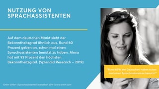 NUTZUNG VON
SPRACHASSISTENTEN
Auf dem deutschen Markt sieht der
Bekanntheitsgrad ähnlich aus. Rund 60
Prozent geben an, schon mal einen
Sprachassistenten benutzt zu haben. Alexa
hat mit 92 Prozent den höchsten
Bekanntheitsgrad. (Splendid Research – 2019)
Onlim GmbH | Sprachassistenten Statistiken 2019 | www.onlim.com
"Rund 60% der Deutschen haben schon
mal einen Sprachassistenten benutzt."
 