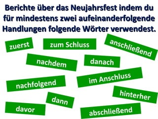 Berichte über das Neujahrsfest indem du
für mindestens zwei aufeinanderfolgende
Handlungen folgende Wörter verwendest.
zuerst

zum Schluss
nachdem

chfolgend
na

davor

dann

ansc

hließ
e

danach

nd

s c hl us s
im A n

hinterhe
r
schließend
ab

 