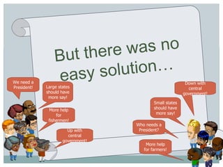 But there was no easy solution…  Large states should have more say! Small states should have more say! More help for fishermen! More help for farmers! Up with central government! Down with central government! We need a President! Who needs a President? 