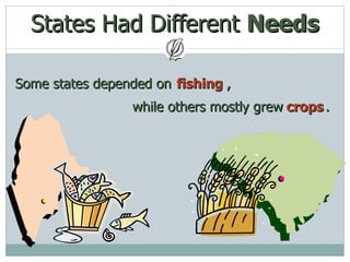 States Had Different  Needs Some states depended on  ,  while others mostly grew  .  fishing crops 