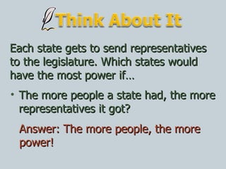 Each state gets to send representatives to the legislature. Which states would have the most power if… The more people a state had, the more representatives it got? Answer: The more people, the more power! 