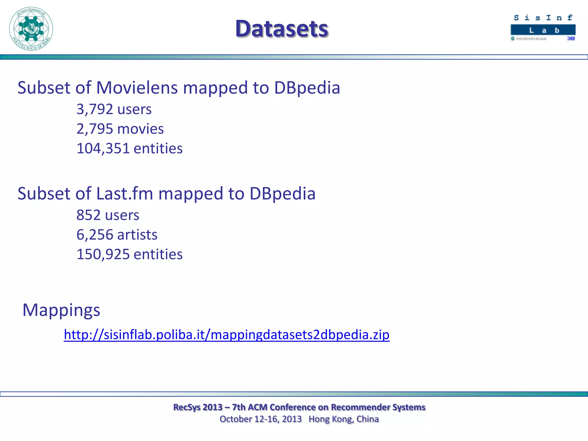 Datasets
Subset of Movielens mapped to DBpedia
3,792 users
2,795 movies
104,351 entities

Subset of Last.fm mapped to DBpedia
852 users
6,256 artists
150,925 entities

Mappings
http://sisinflab.poliba.it/mappingdatasets2dbpedia.zip

RecSys 2013 – 7th ACM Conference on Recommender Systems
October 12-16, 2013 Hong Kong, China

 
