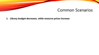 Common Scenarios
1. Library budget decreases, while resource prices increase
 