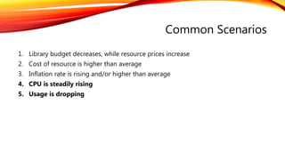 Common Scenarios
1. Library budget decreases, while resource prices increase
2. Cost of resource is higher than average
3. Inflation rate is rising and/or higher than average
4. CPU is steadily rising
5. Usage is dropping
 