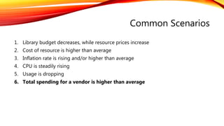 Common Scenarios
1. Library budget decreases, while resource prices increase
2. Cost of resource is higher than average
3. Inflation rate is rising and/or higher than average
4. CPU is steadily rising
5. Usage is dropping
6. Total spending for a vendor is higher than average
 