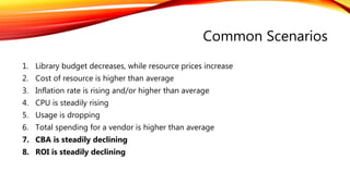 Common Scenarios
1. Library budget decreases, while resource prices increase
2. Cost of resource is higher than average
3. Inflation rate is rising and/or higher than average
4. CPU is steadily rising
5. Usage is dropping
6. Total spending for a vendor is higher than average
7. CBA is steadily declining
8. ROI is steadily declining
 