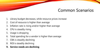 Common Scenarios
1. Library budget decreases, while resource prices increase
2. Cost of resource is higher than average
3. Inflation rate is rising and/or higher than average
4. CPU is steadily rising
5. Usage is dropping
6. Total spending for a vendor is higher than average
7. CBA is steadily declining
8. ROI is steadily declining
9. Service needs are declining
 