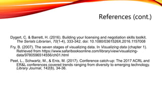References (cont.)
Dygert, C. & Barrett, H. (2016). Building your licensing and negotiation skills toolkit.
The Serials Librarian, 70(1-4), 333-342. doi: 10.1080/0361526X.2016.1157008
Fry, B. (2007). The seven stages of visualizing data. In Visualizing data (chapter 1).
Retrieved from https://www.safaribooksonline.com/library/view/visualizing-
data/9780596514556/ch01.html
Peet, L., Schwartz, M., & Enis, M. (2017). Conference catch-up: The 2017 ACRL and
ER&L conferences covered trends ranging from diversity to emerging technology.
Library Journal, 142(8), 34-36.
 