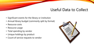 Useful Data to Collect
• Significant events for the library or institution
• Annual library budget (commonly split by format)
• Resource costs
• Resource usage
• Total spending by vendor
• Unique holdings by product
• Count of service requests to vendor
 