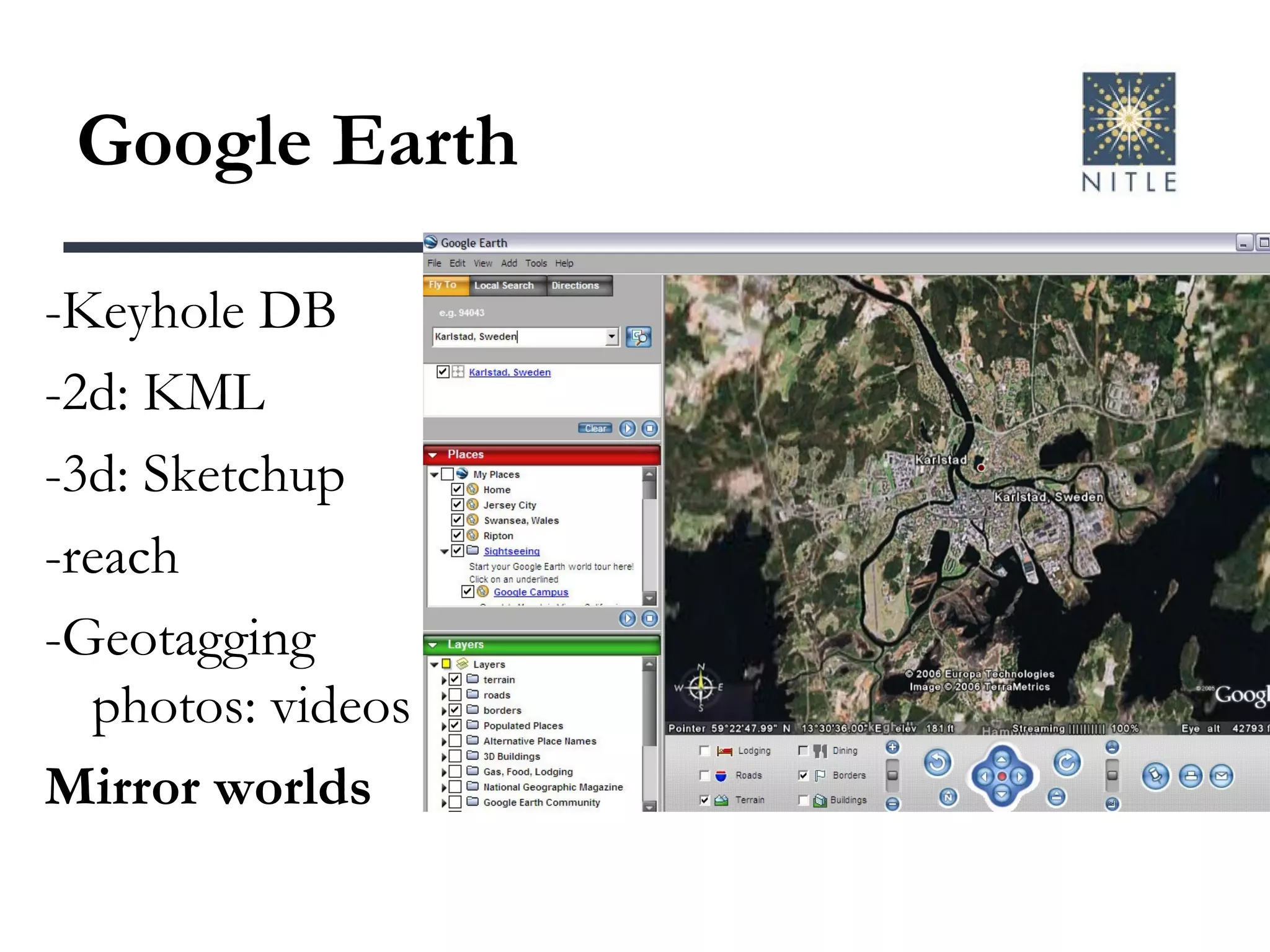 Google Earth -Keyhole DB -2d: KML -3d: Sketchup -reach -Geotagging photos: videos Mirror worlds 
