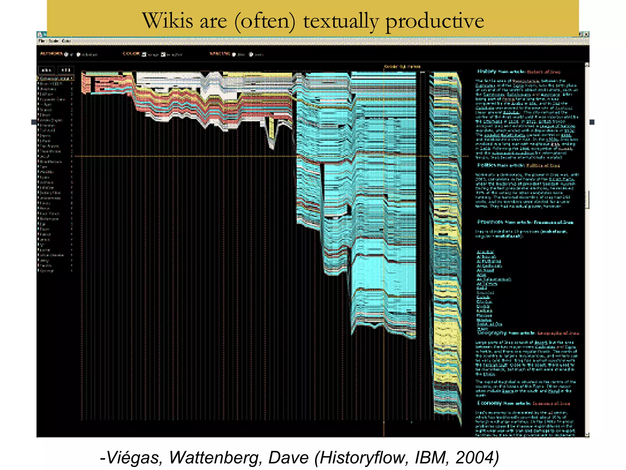 -Viégas, Wattenberg, Dave (Historyflow, IBM, 2004) Wikis are (often) textually productive 
