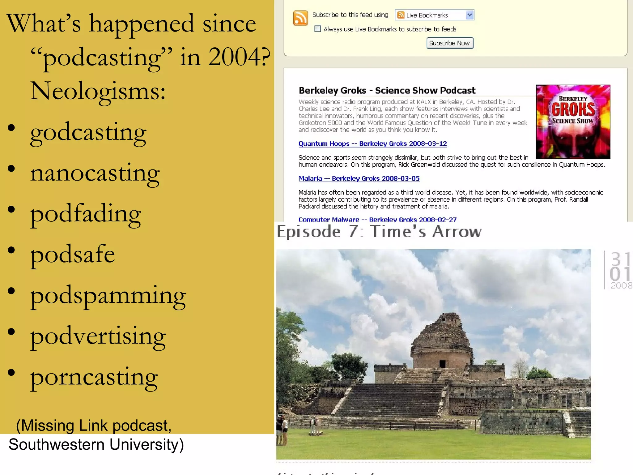 What’s happened since “podcasting” in 2004? Neologisms: godcasting nanocasting podfading podsafe podspamming podvertising porncasting (Missing Link podcast, Southwestern University) 